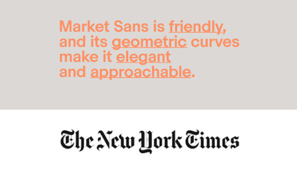 an infographic comparing market sans, a common sans serif typeface, and the iconic new york times workmark