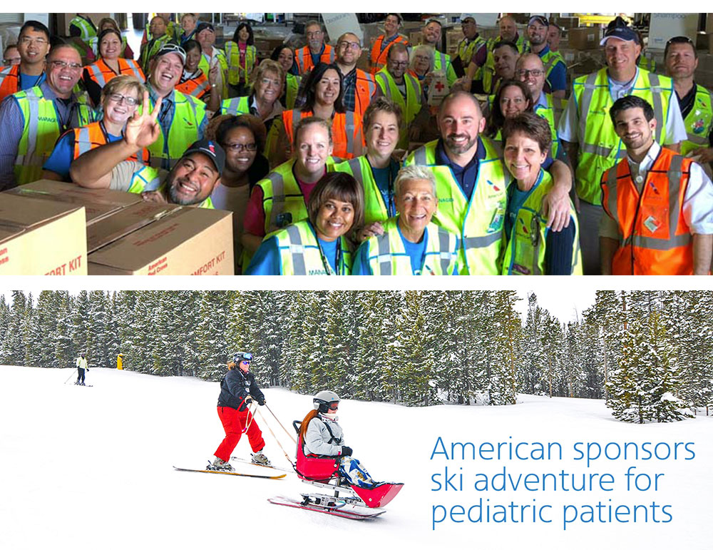 a group shot of american airlines employees stacked on top of an image of two skiers going down a slope