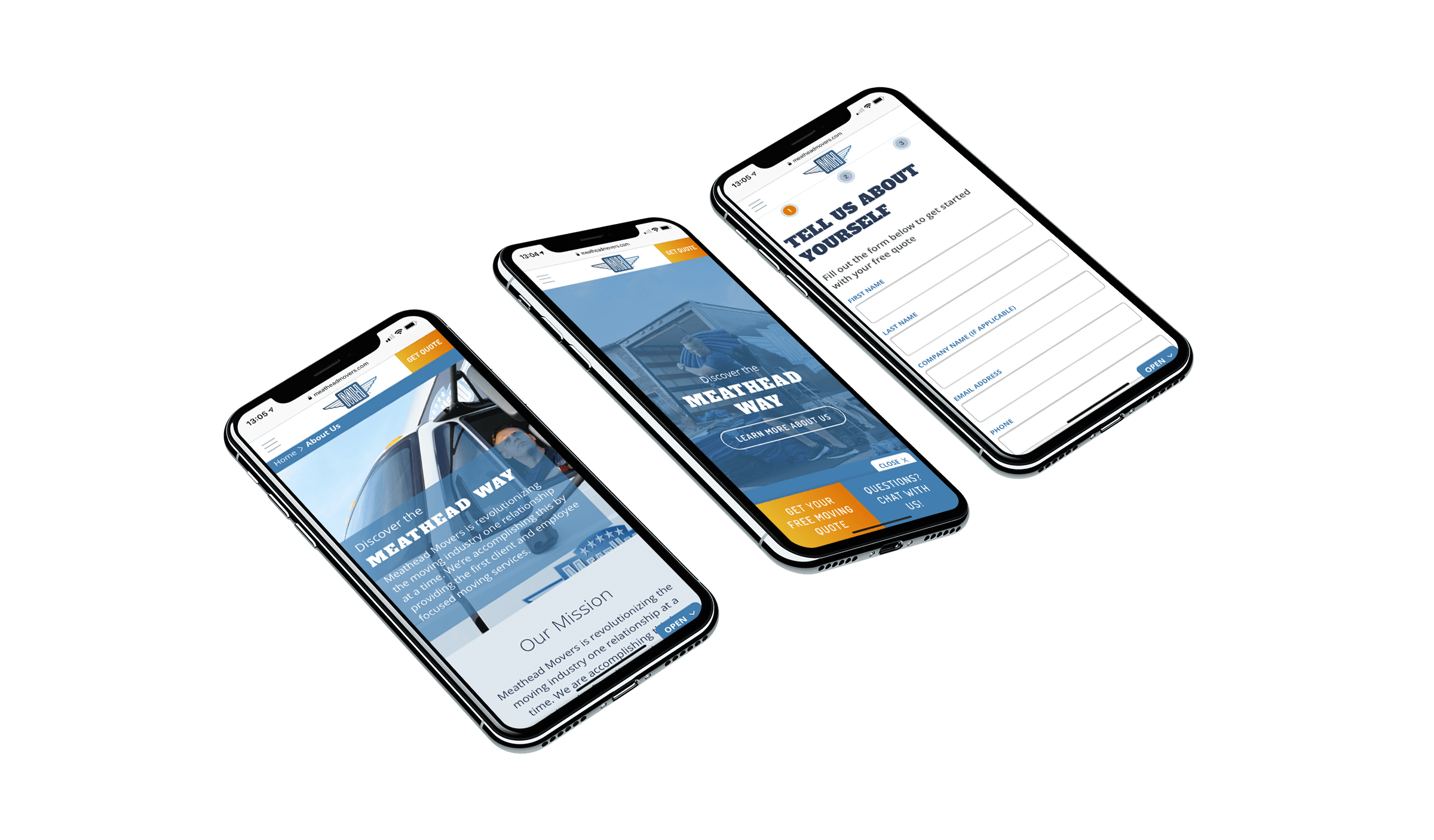 3 iphones displaying the meathead movers website
