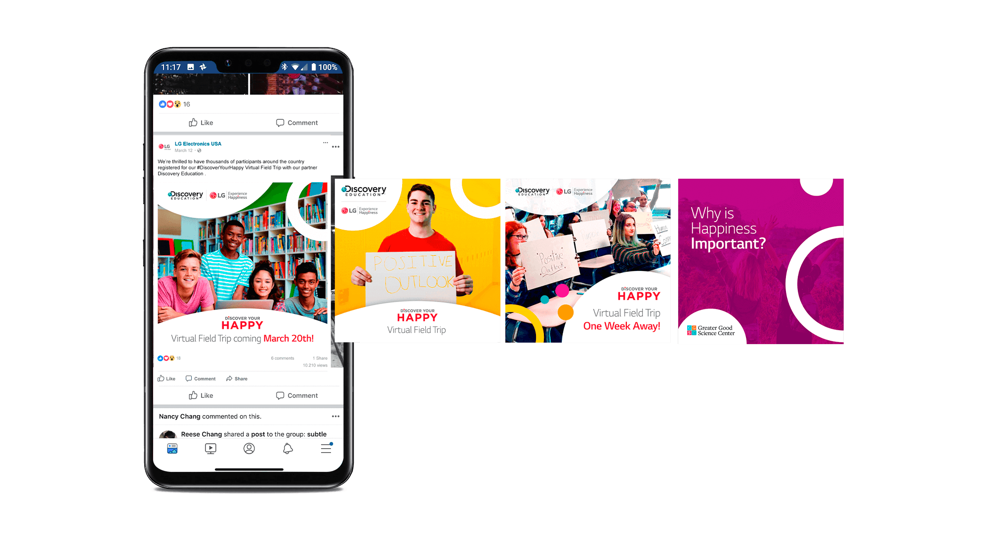 LG experience happiness social squares floating through an LG G8 thinq smartphone
