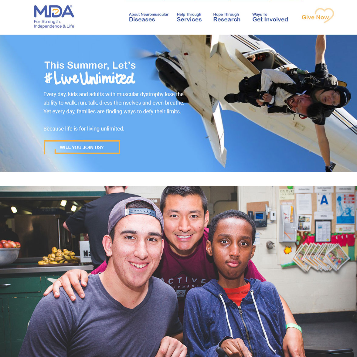 A screenshot of the MDA website and a group photo of three boys smiling