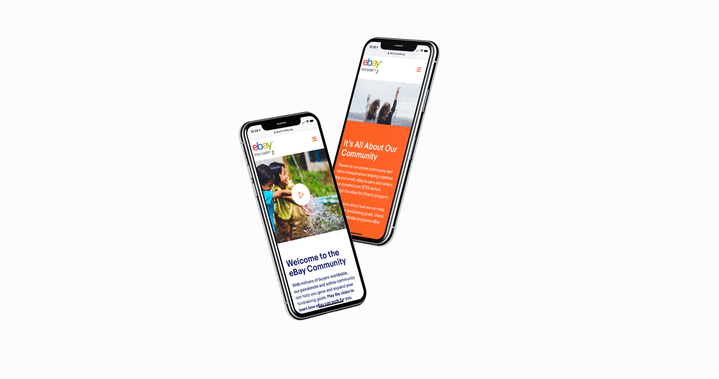 two iphones displaying the ebay for charity website