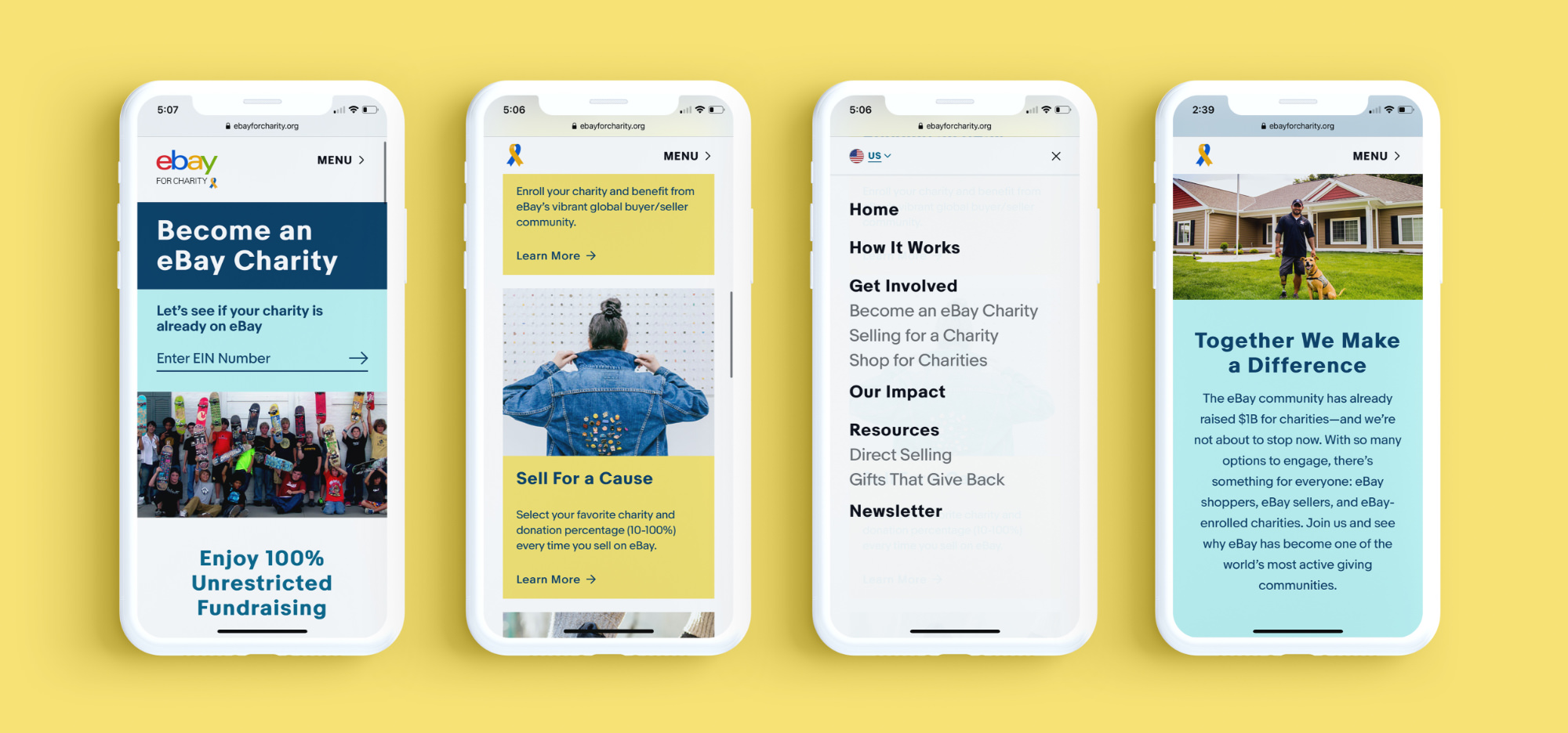 phone screens displaying ebay for charity website