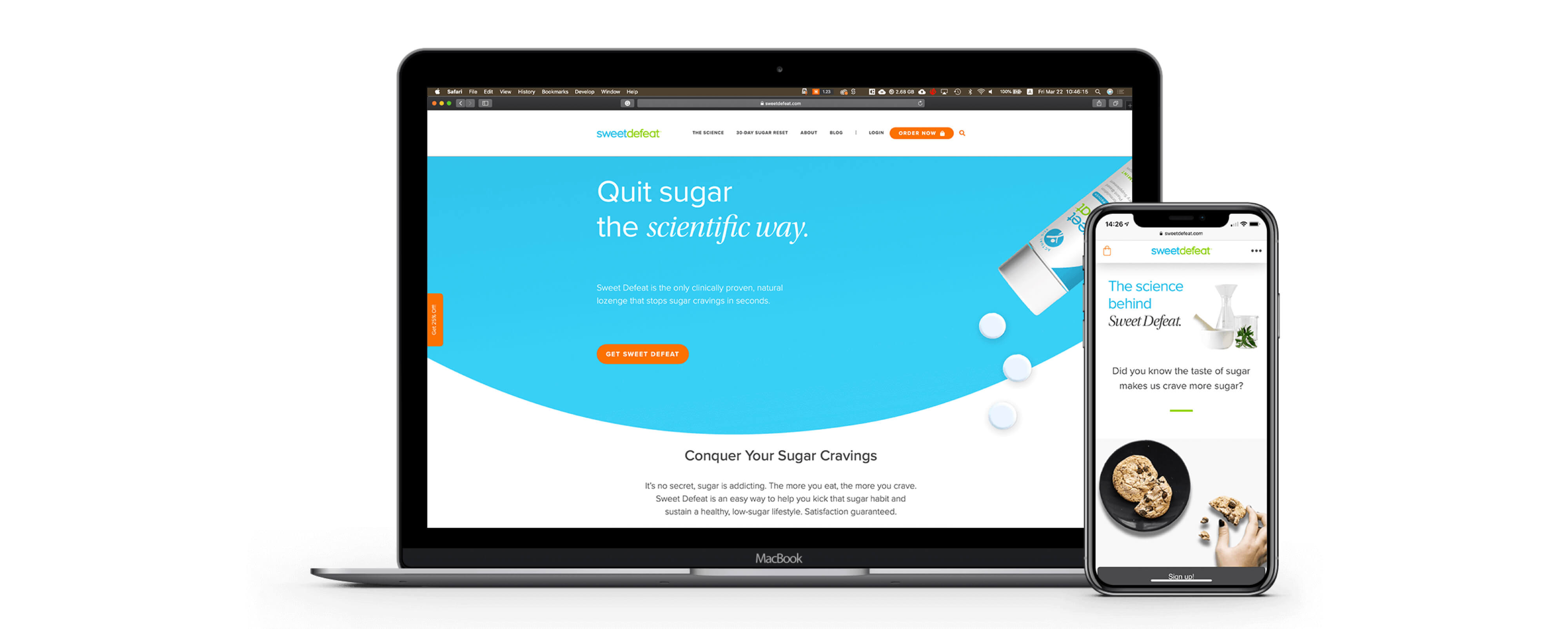 sweet defeat website design mockup on laptop and mobile phone