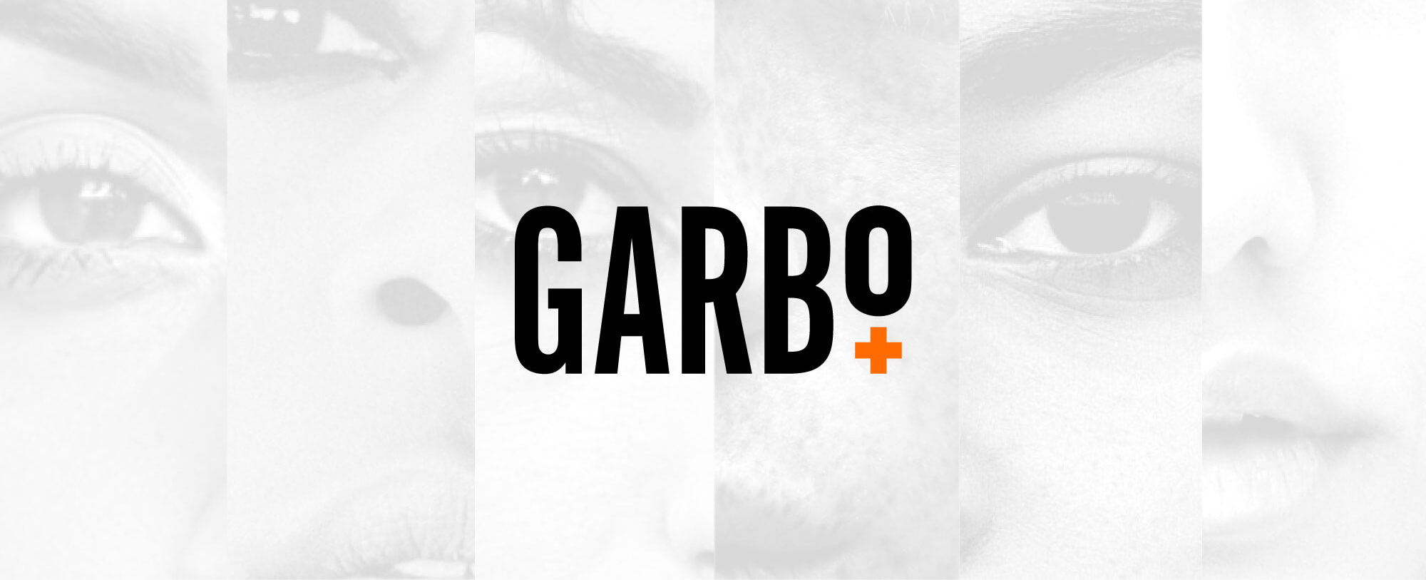 garbo logo over a grid of facial features